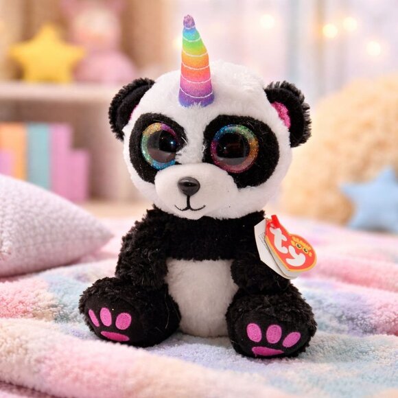 Ty Beanie Boos Paris Panda Plush Unicorn Horn Birthday March 12 Sparkly Eyes Toy - Picture 2 of 8